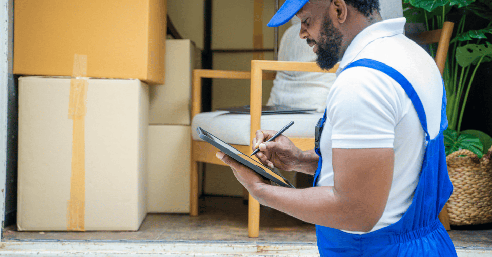 Mover standing at the back of a moving truck with a checklist